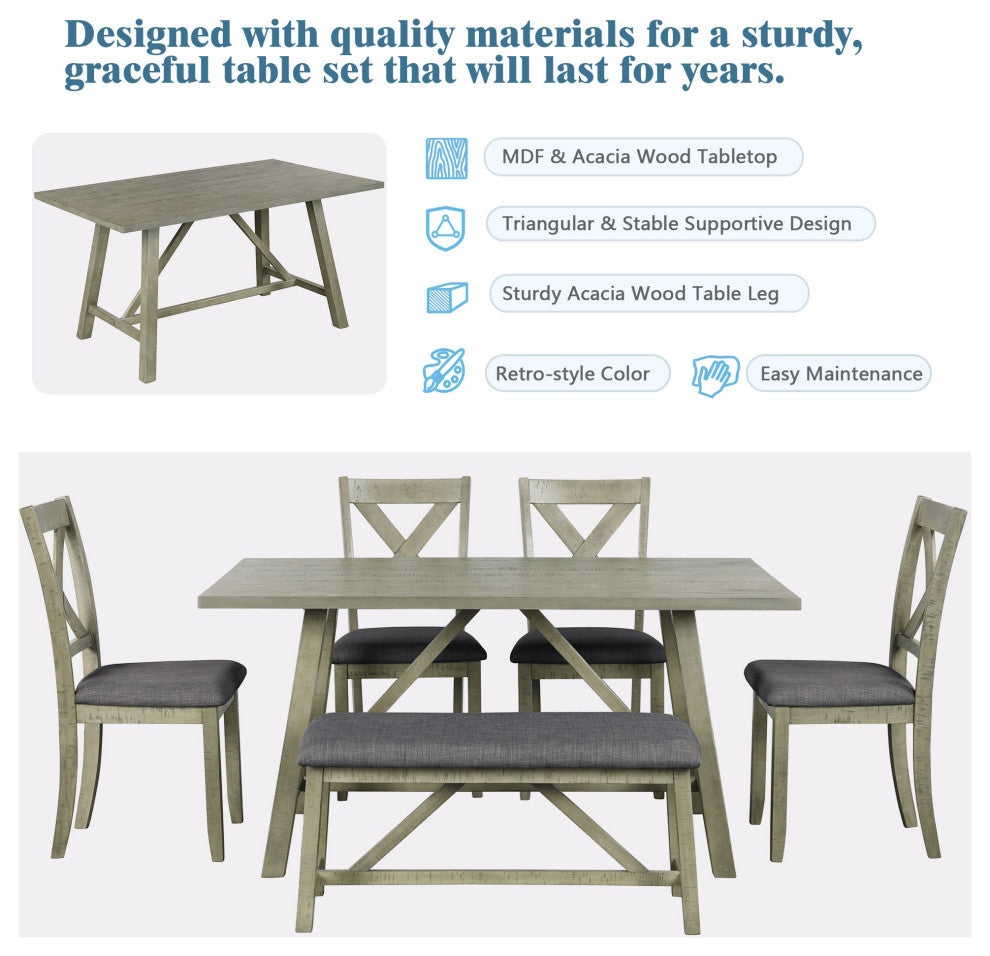 6-Piece Wood Dining Set with Bench and 4 Upholstered Chairs
