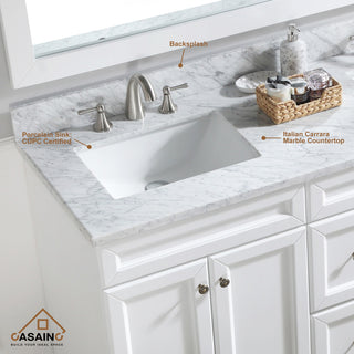 CASAINC 60" Marble Top Double Sink Bathroom Vanity with Mirror, White
