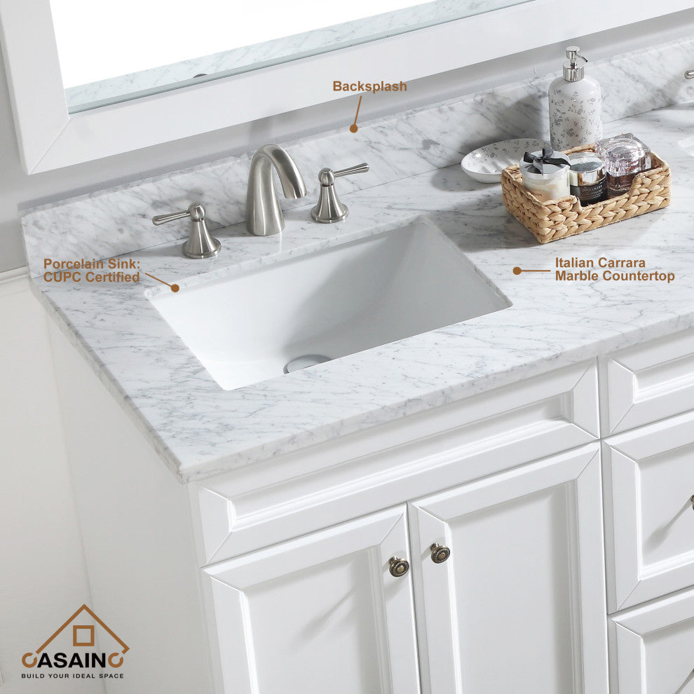 CASAINC 60" Marble Top Double Sink Bathroom Vanity with Mirror, White