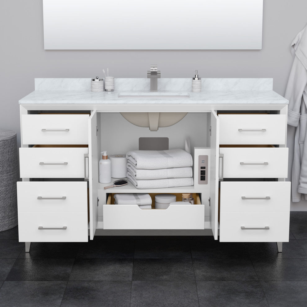 Amici 60" White Single Vanity, White Cultured Marble Top, Matte Black Trim