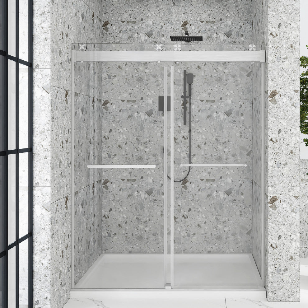 60" x 76" Double Sliding Frameless Shower Door, Buffer, Brushed Nickel