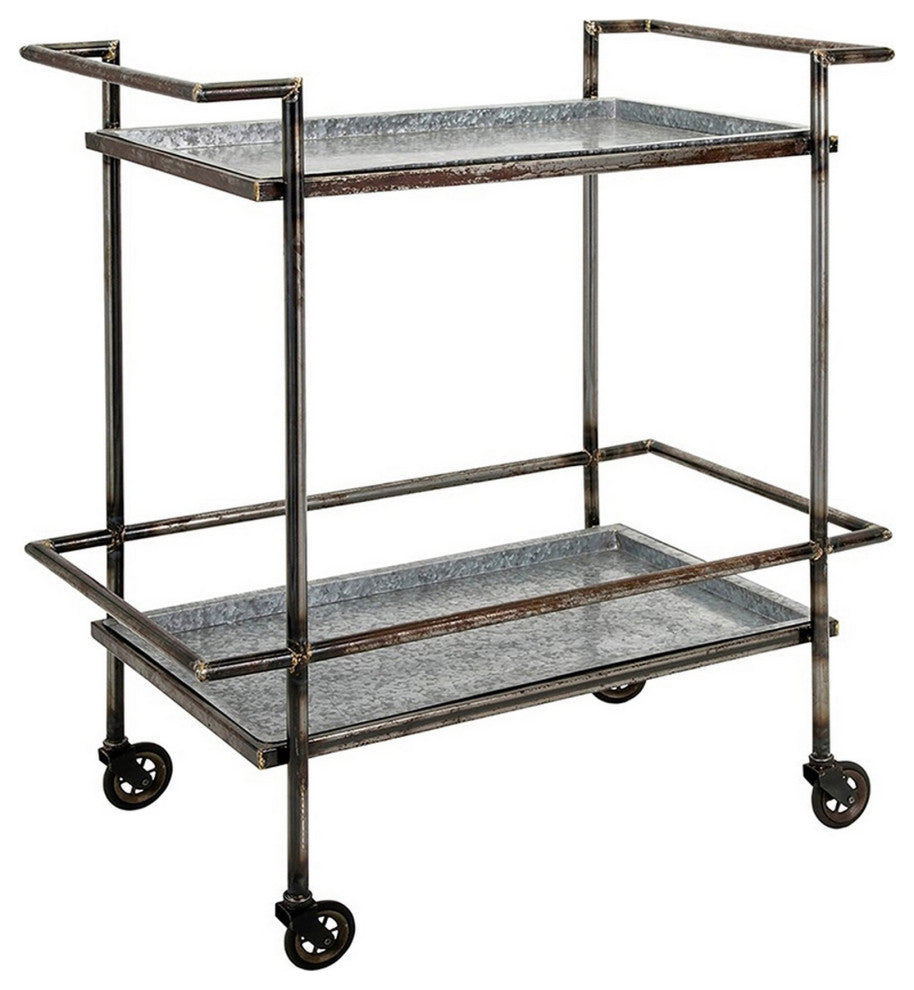 Benzara BM285029 2 Tier Bar Cart, Industrial Style, Caster Wheels, Rustic Bronze