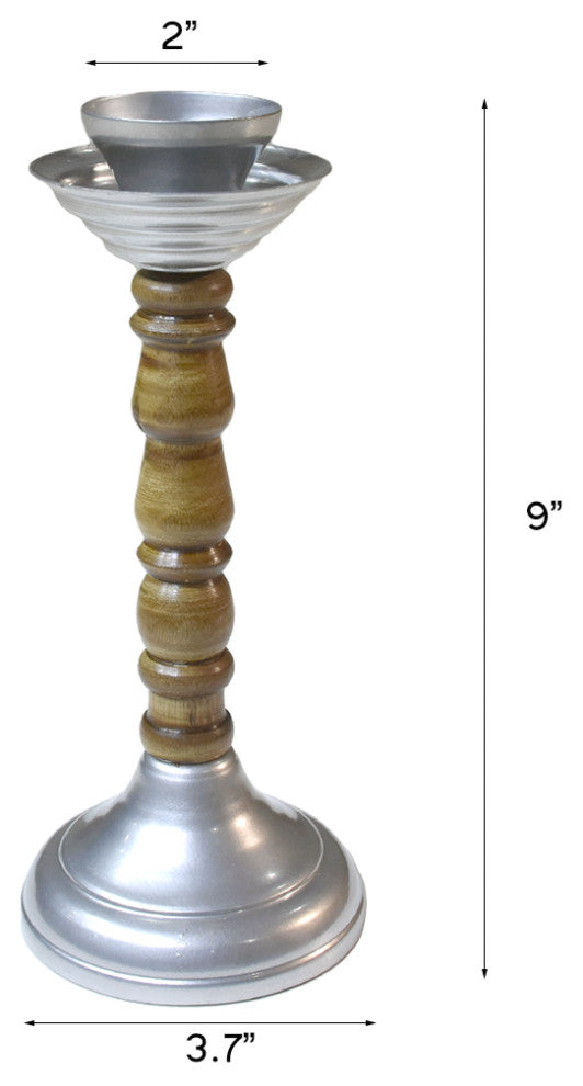 Handmade Iron and Wood Traditional Pillar Candle Holder, Silver