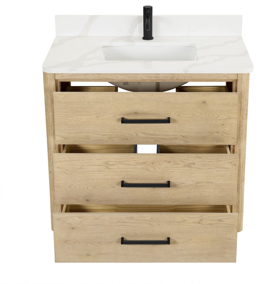 Porto Bath Vanity with White Quartz Stone Top, Natural Oak, 36 in., No Mirror