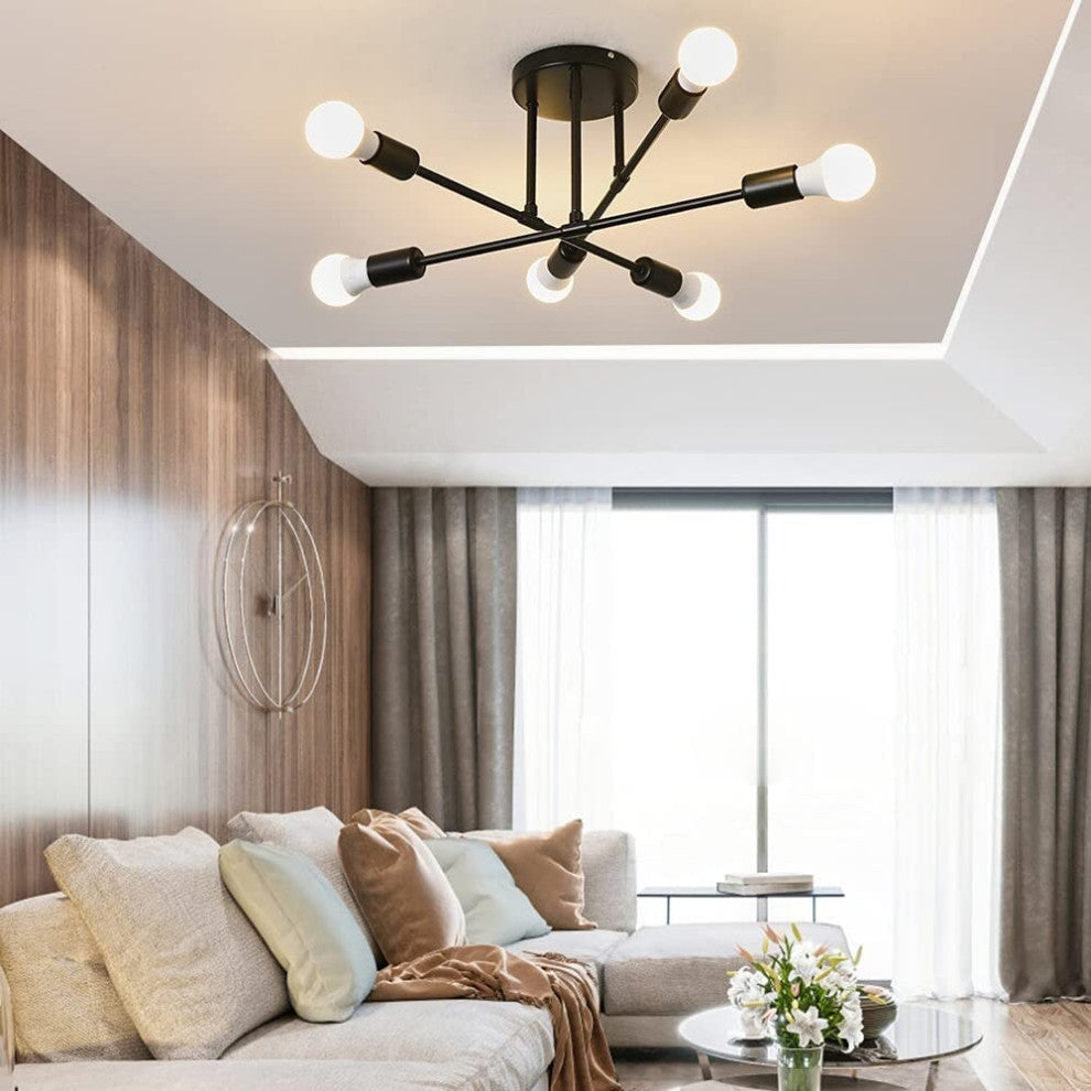 Farmhouse Semi Flush Mount Ceiling Light Fixture, 6 Light, Black Ceiling Lamp