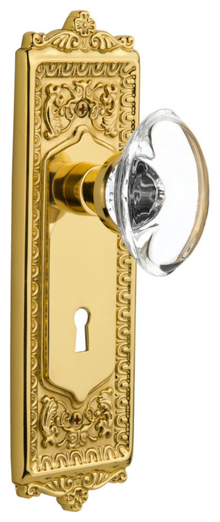 Egg & Dart Plate With Oval Clear Crystal Knob, Polished Brass
