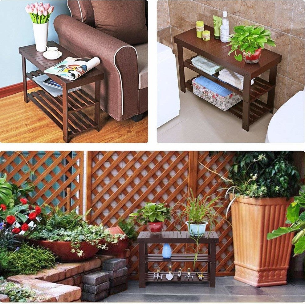 3-Tier Bamboo Wood Shoe Rack Bench Entryway Shoe Storage, Brown