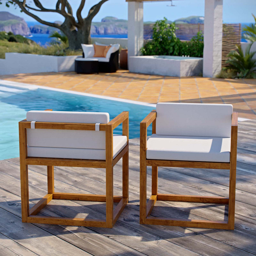 Lounge Chair Armchair, Set of 2, Wood, Brown Natural White, Modern, Outdoor