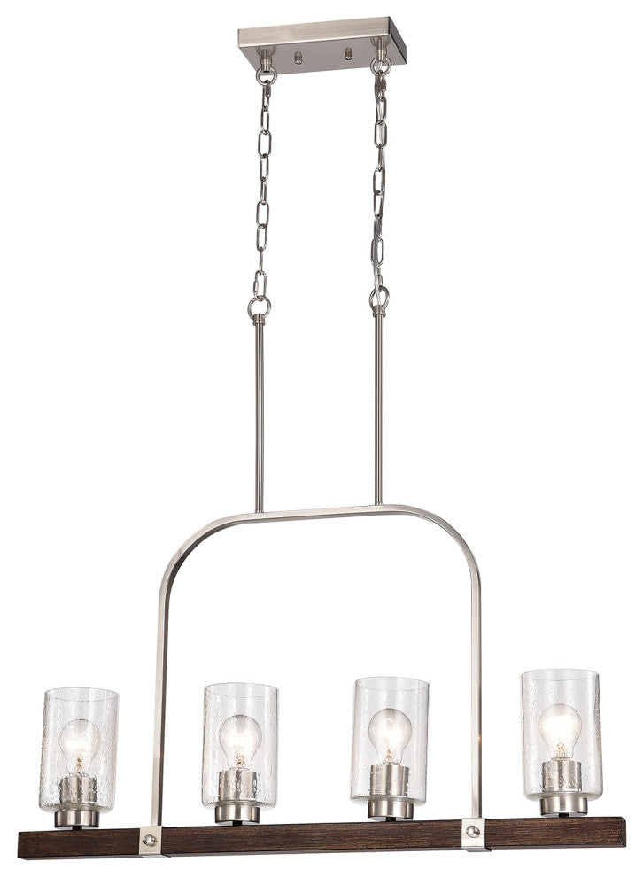 4-Light Brushed Nickel and Wood Linear Chandelier With Seedy Glass Sconce
