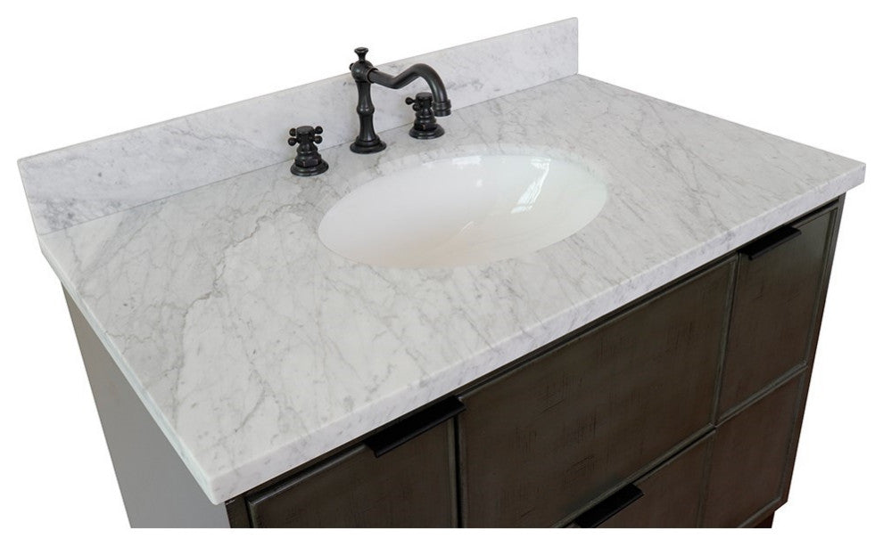 37" Single Wall Mount Vanity, Linen Gray Finish With White Carrara Top
