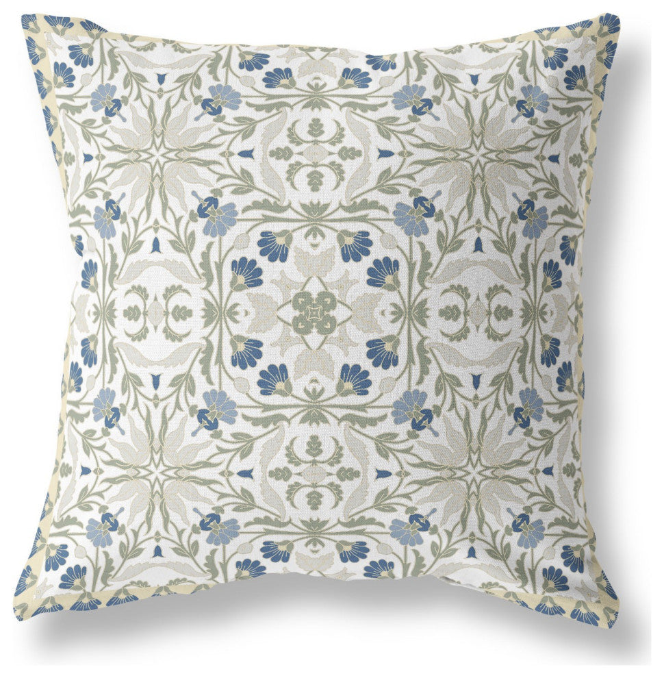 16 White Green Paisley Indoor Outdoor Throw Pillow