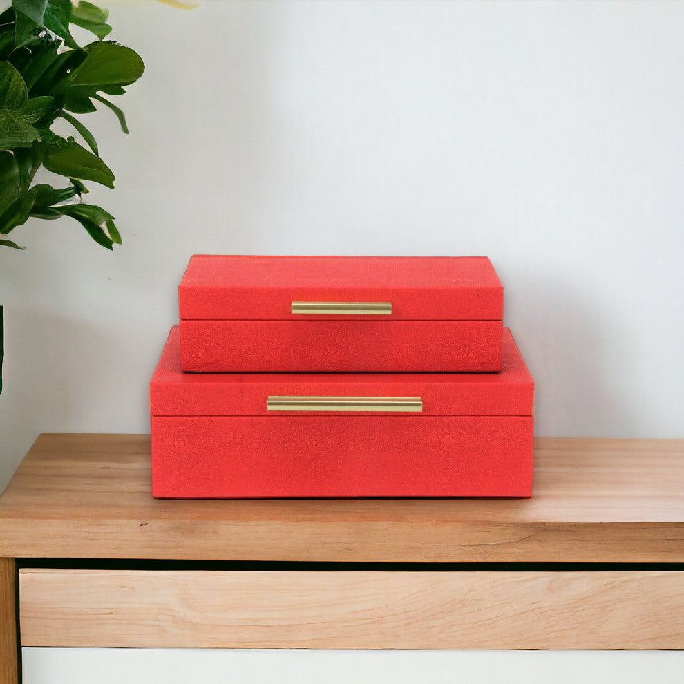 Lusan Rectangular Decorative Box Set, Red Faux Shagreen