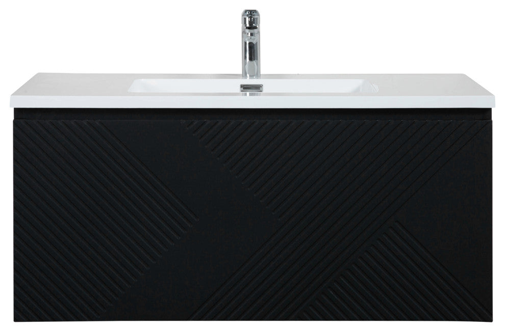 Matte Black Wall Mount Bath Vanity, Integrated Sink, White Sink, 36"