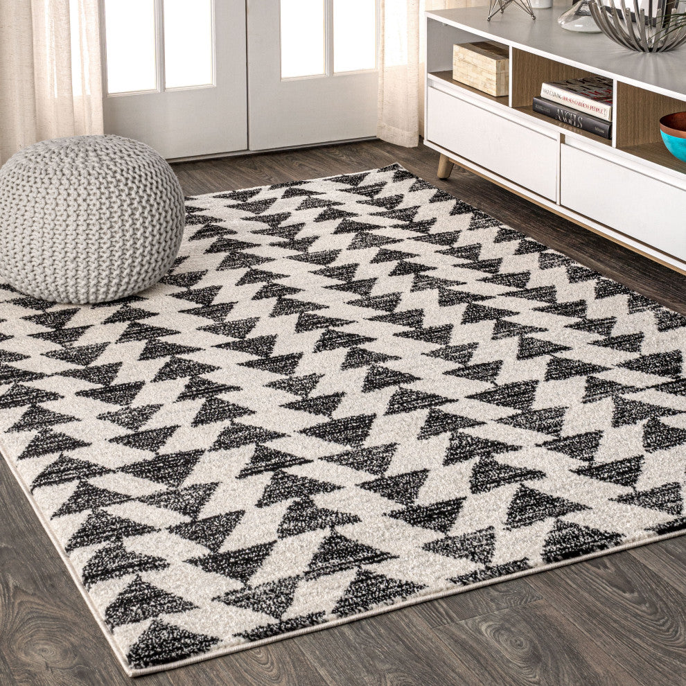 Aisha Moroccan Triangle Geometric Area Rug, Cream/Black, 2 Ft. X 20 Ft.