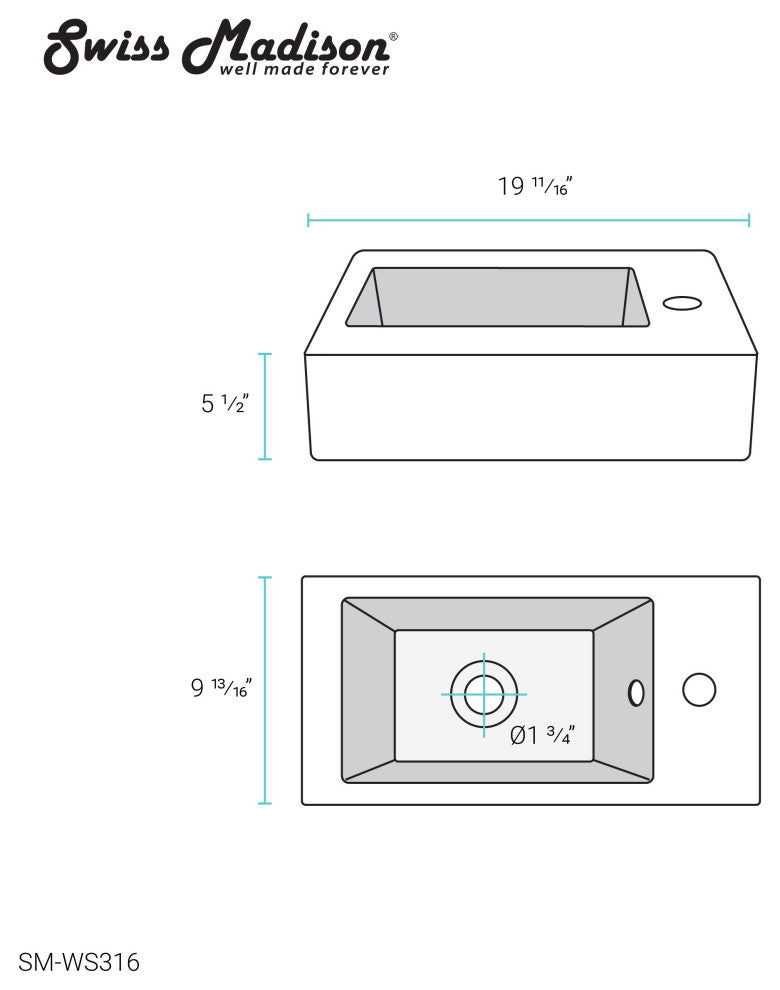 Voltaire 19.5"x10" Ceramic Wall Hung Sink With Faucet Mount, Right Side