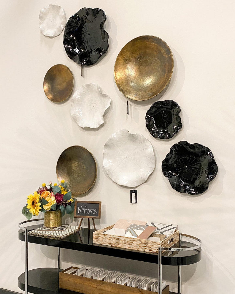 Gloss White Lily Pad Wall Art Flower Sculpture Round Leaf Hanging, 3-Piece Set