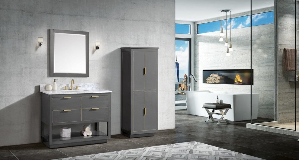 Avanity Allie 43 In. Vanity, Twilight Gray/ Gold, Natural 1" Carrara White Marble Countertop and Backsplash