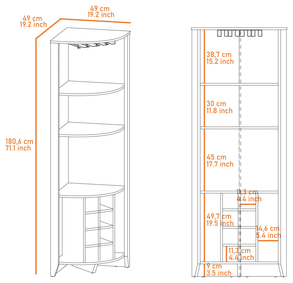 Bouvet Corner Bar Cabinet with 3 Shelves, 8 Wine Cubbies and Cup Rack, Macadamia