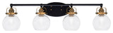 Easton 4 Light Bath Bar, Matte Black & Brass, 5.75" Clear Bubble Glass