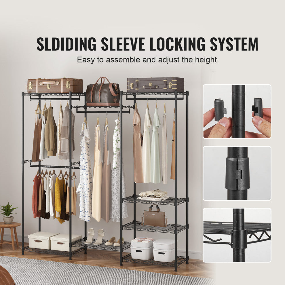 VEVOR Clothes Rack Rolling Clothing Garment Rack 4 Hang Rods & 8 Storage Tiers