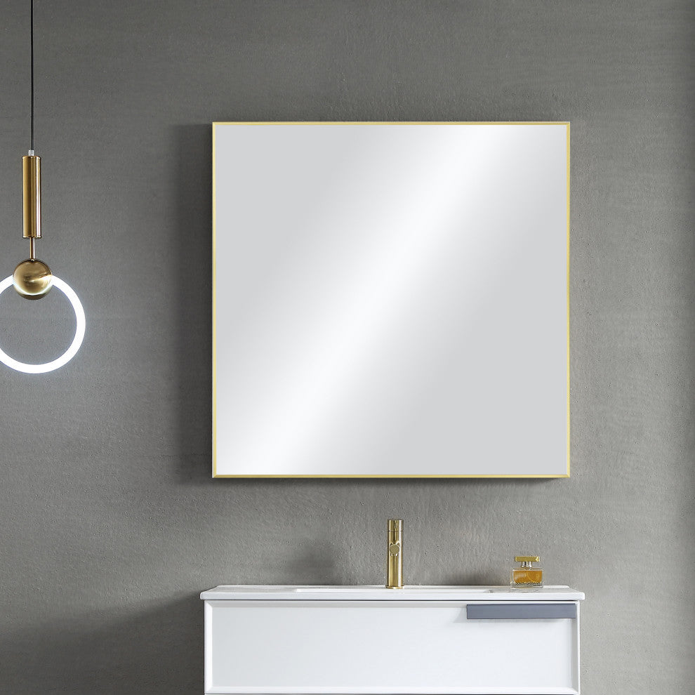 36"x36" Shatterproof Wall Mount Metal Frame Mirror, FM1-3636, Brushed Gold
