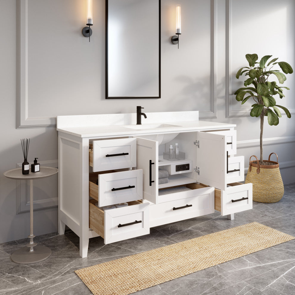 Houston 60" Single Vanity With Power Bar and Drawer Organizer, White