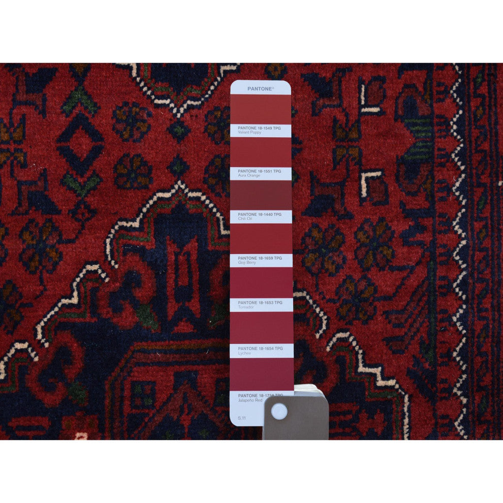 Red Tribal Design Hand Knotted Afghan Khamyab Wool Runner Oriental Rug 2'8"x9'7"