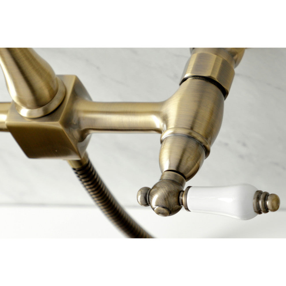 KS126XPLBS-P Heritage Wall Mount Bridge Kitchen Faucet with Brass Sprayer, Antiq