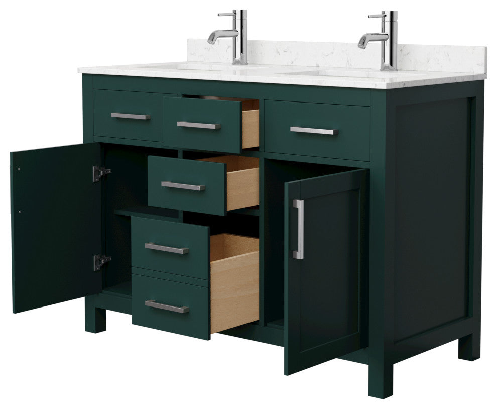 48"DBL Bathroom Vanity Green, Carrara Cult.Marble Countertop, Sinks, Nickel Trim