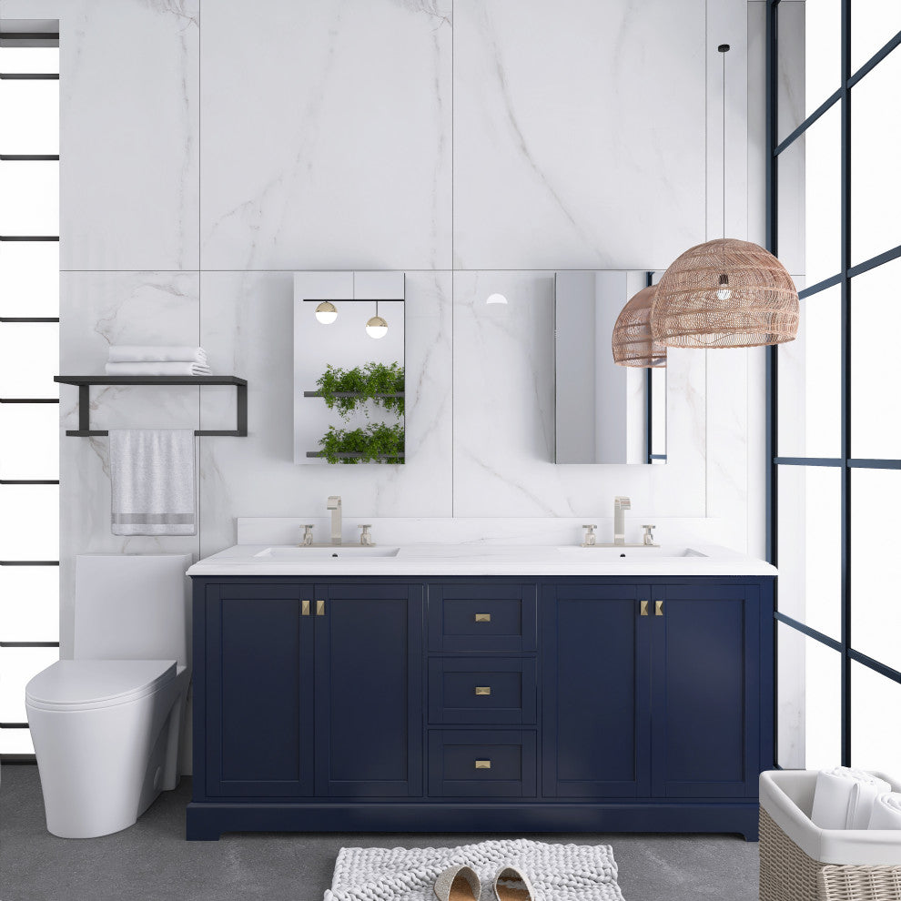 60/72" Plywood Freestanding Bath Vanity Set, Drawer and Ceramic Sink, Navy Blue, 72 Inch