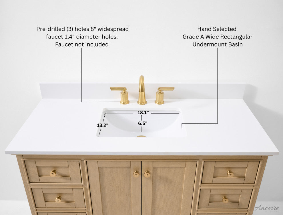 Audrey Vanity Set, Oak, 48", Gold Hardware, White Quartz Top