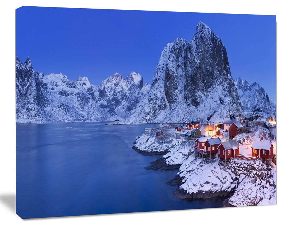 Fishermen Cabins in Winter, Modern Seashore Canvas Wall Art, 20"x12"