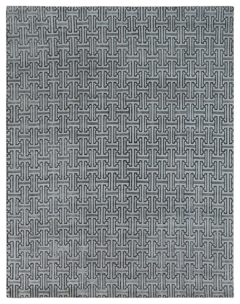 Gray Pure Silk With Wool Roman Key Design Hand Knotted Oriental Rug 7'10"x10'3"