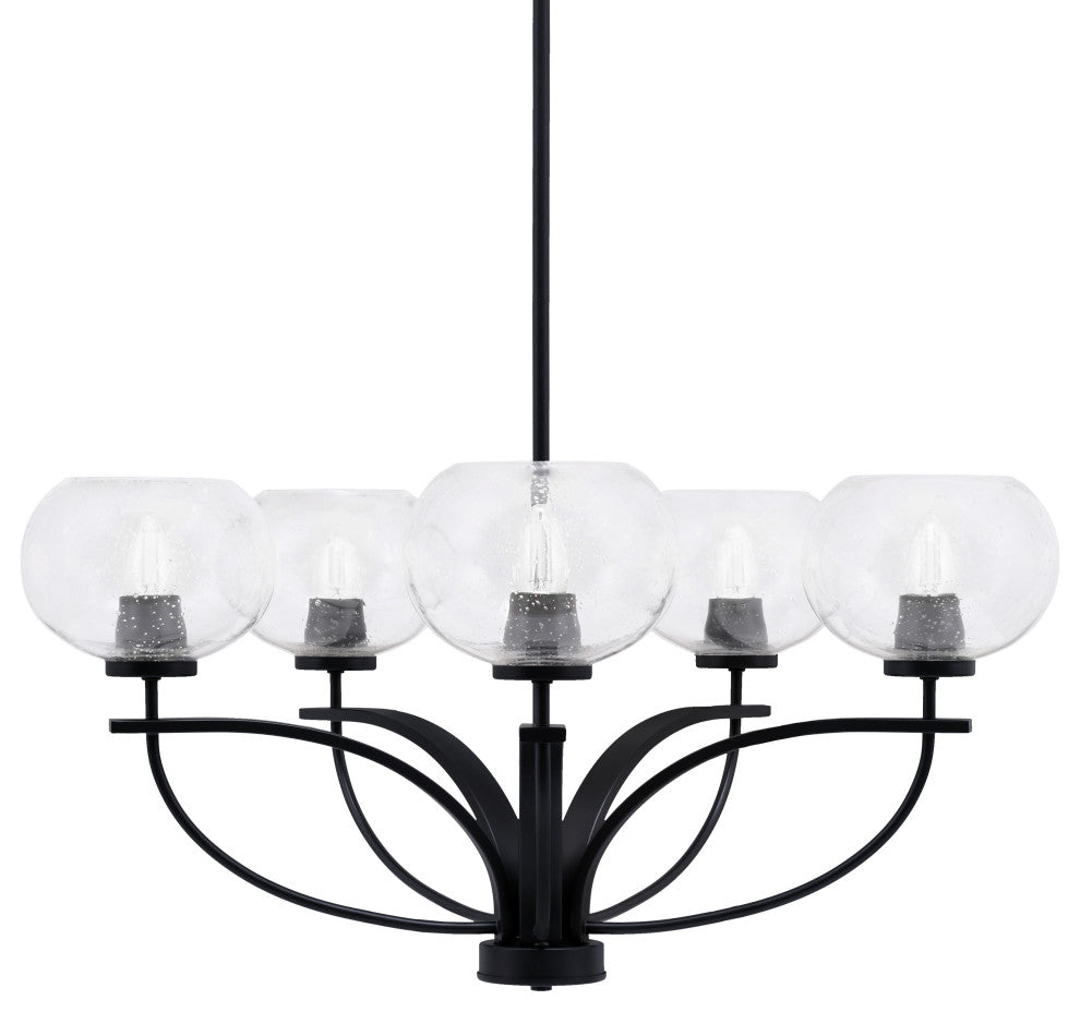 Cavella 5 Light Chandelier In Matte Black Finish, 7" Clear Bubble Glass