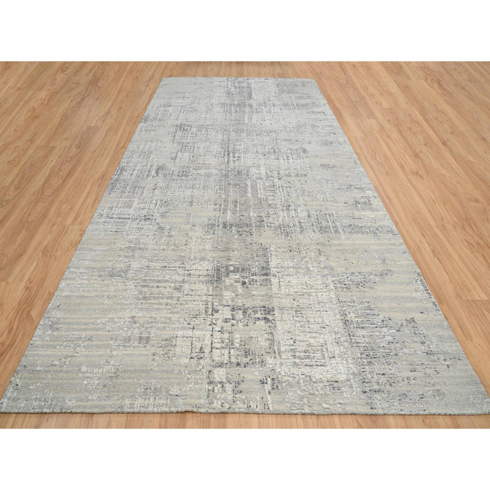Light Gray Modern Design Wool Hand Knotted Gallery Size Runner Rug, 8'1"x16'0"