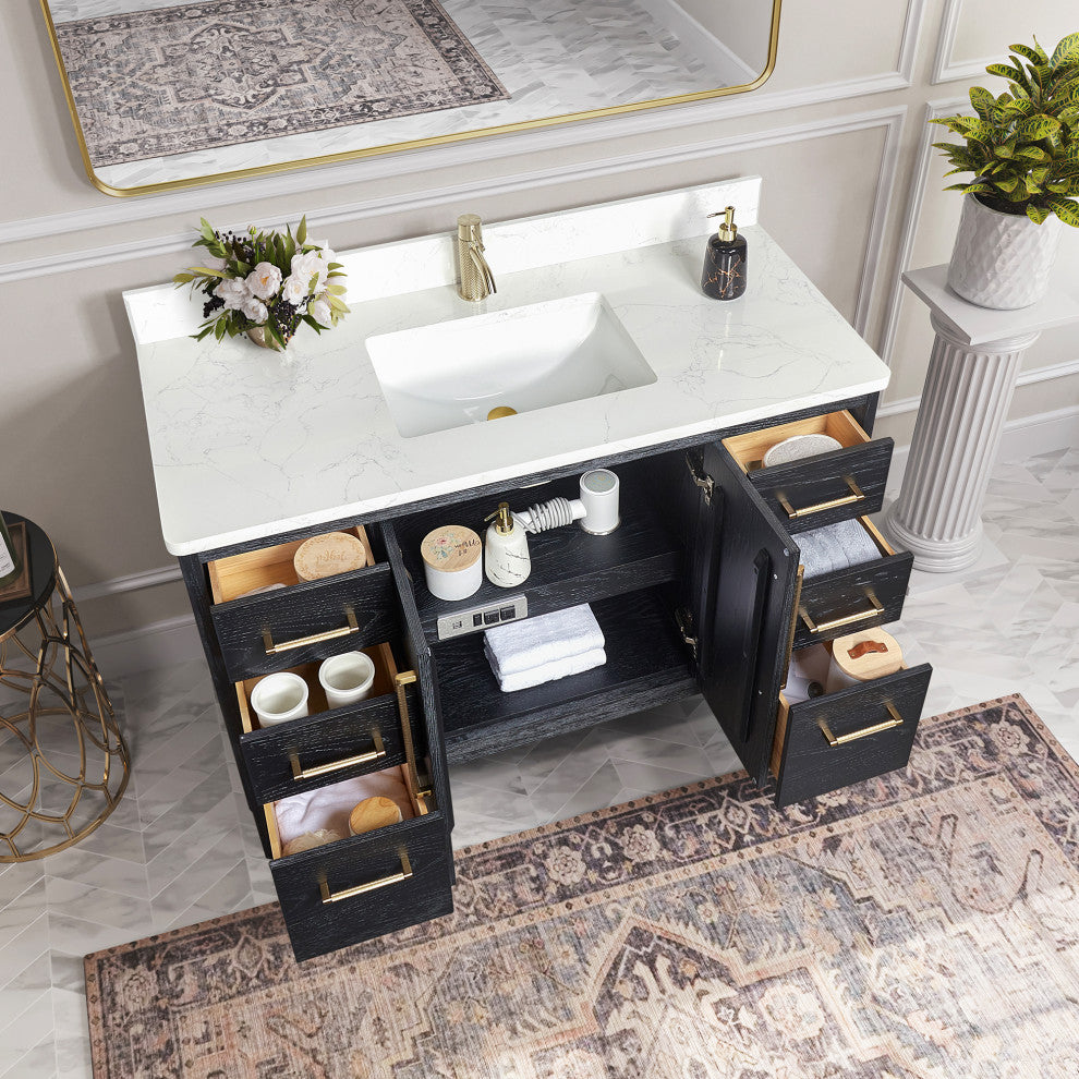 Gara Bath Vanity, Stone Top, Fir Wood Black, 48", Single Vanity, With Mirror