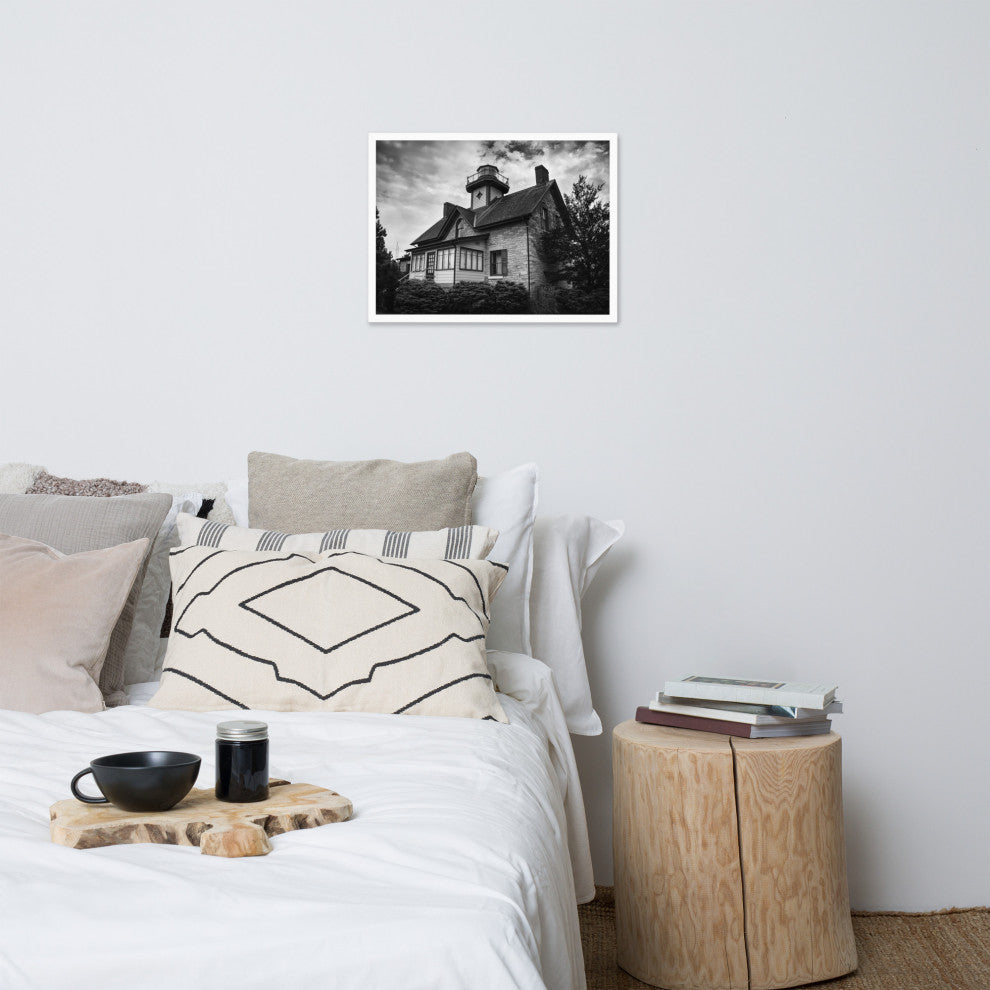 Cedar Point Lighthouse in Black and White Framed Photo Paper Wall Art Prints, White, 18" X 24"