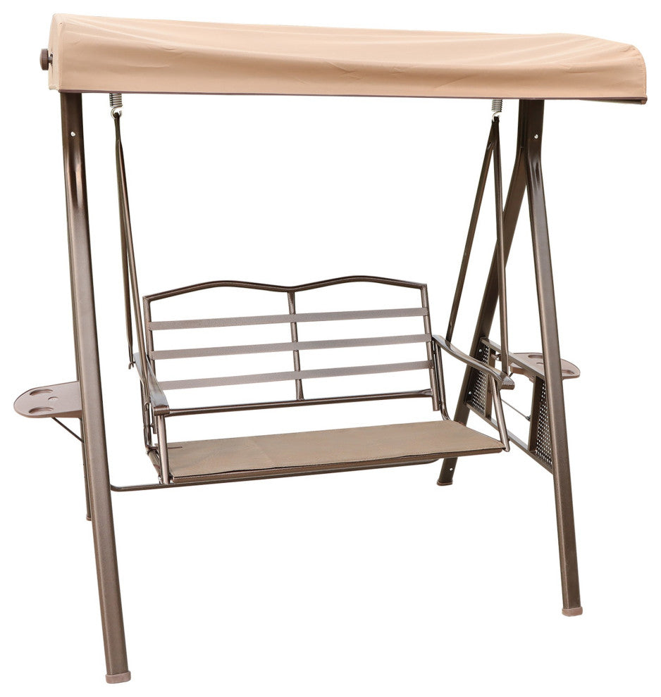 Outdoor Patio Porch Swing Chair With Adjustable Canopy and Pillow, Brown Beige