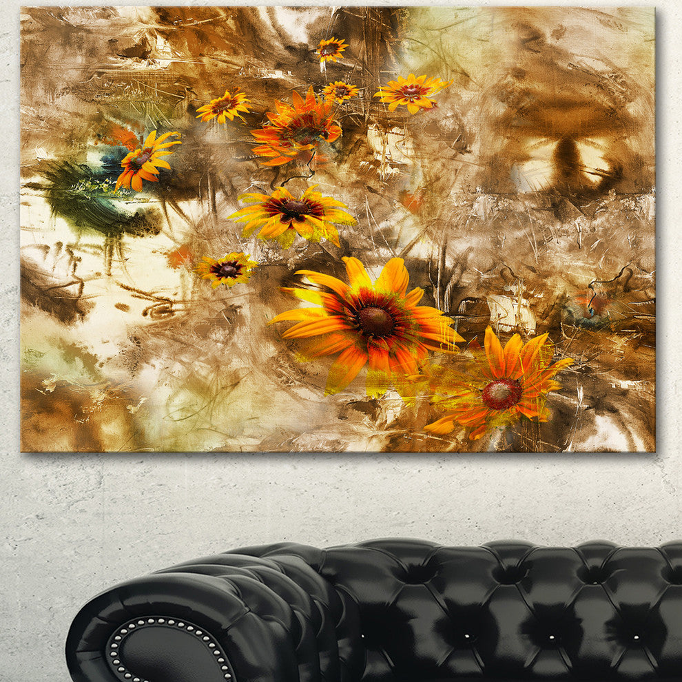 Yellow Flowers with Brown Background, Extra Large Floral Wall Art, 40"x30"