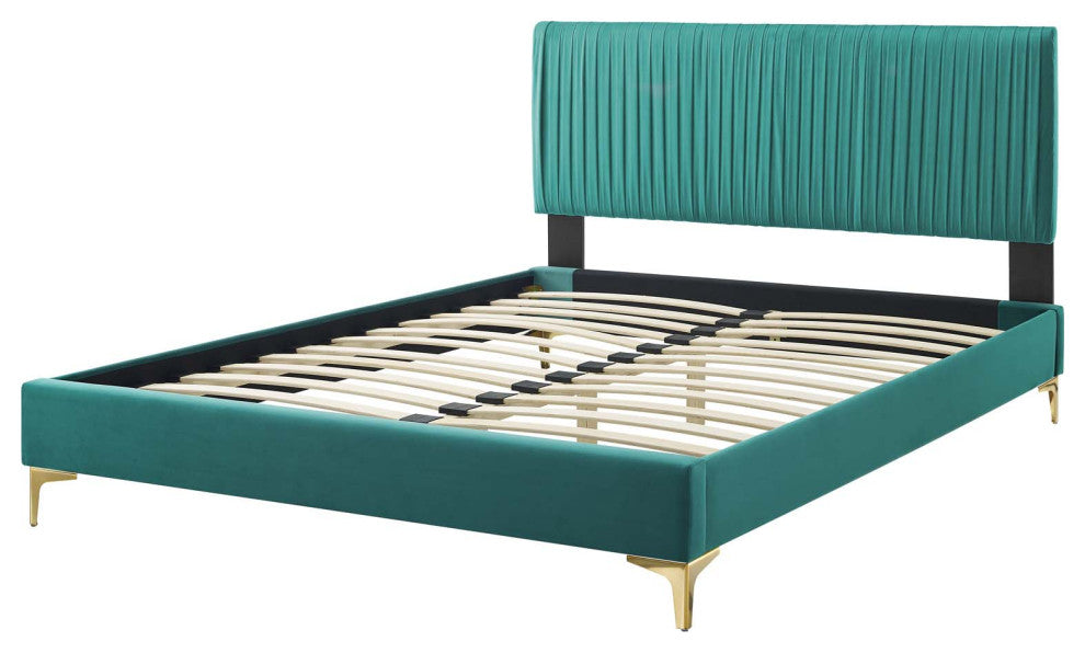Platform Bed Frame, King Size, Velvet, Teal Blue, Modern Contemporary, Bedroom