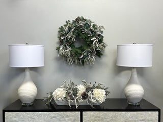 Evergreen Holiday Centerpiece with Berries, Cream Hydrangea Arrangement