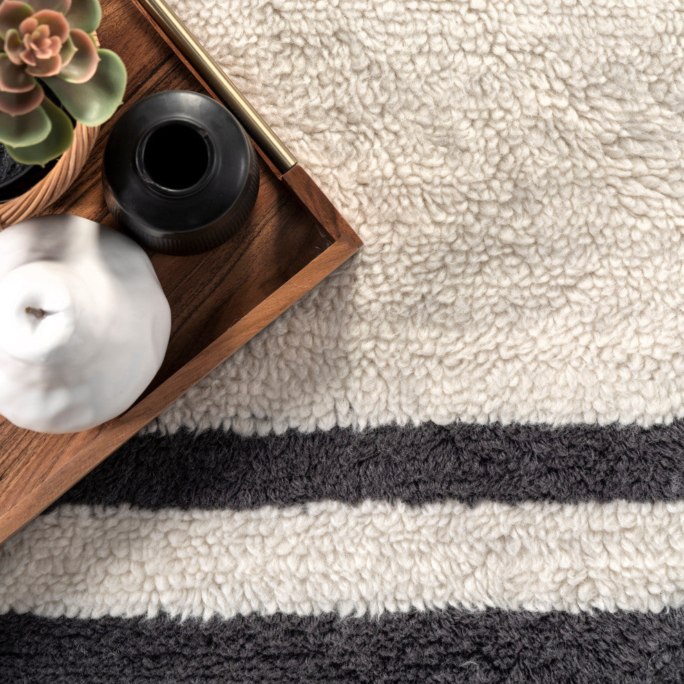 Striped Wool Machine Washable Area Rug, Ivory 2'6"x8'