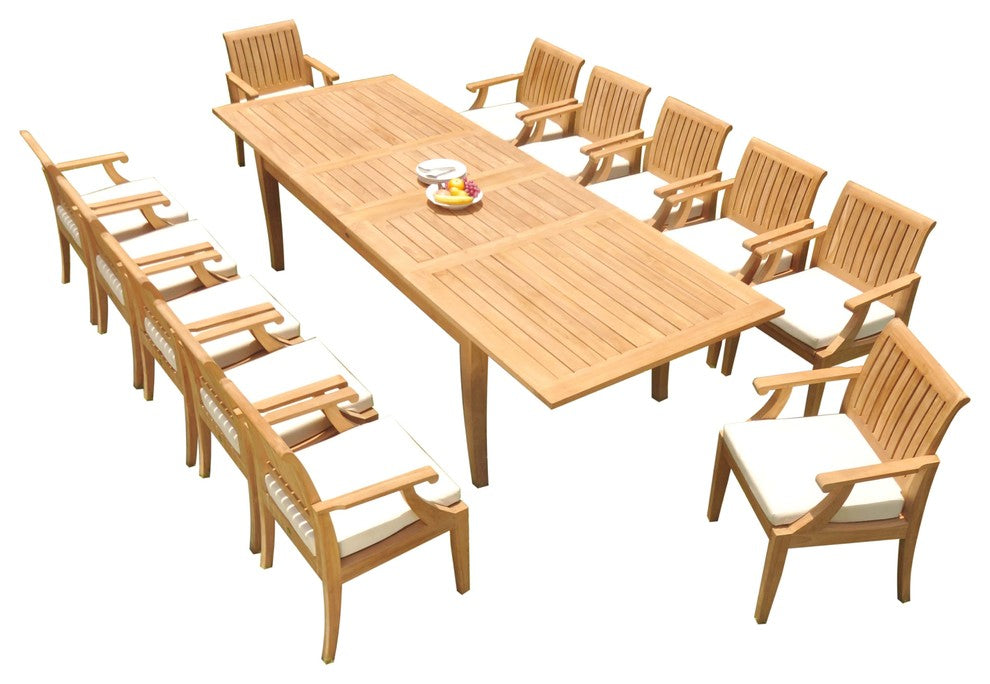 13-Piece Outdoor Teak Dining: 122" X-Large Rectangle Table, 12 Lagos Arm Chairs
