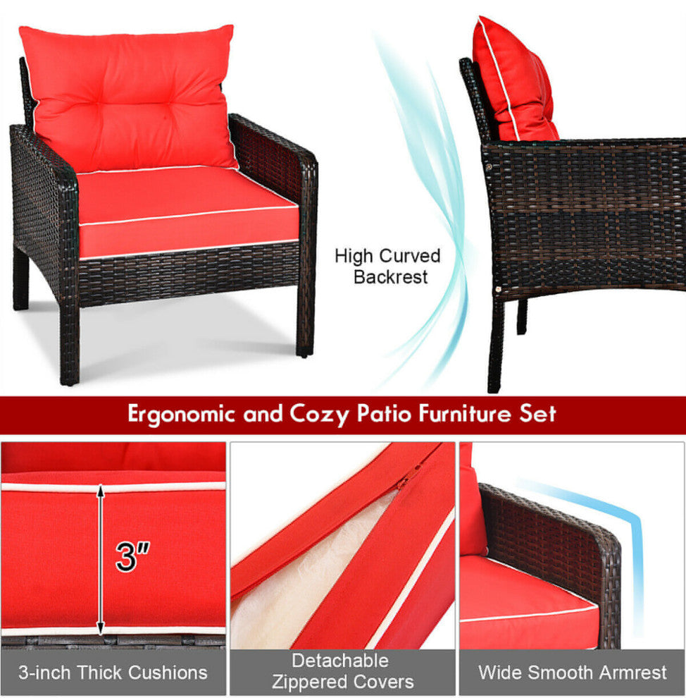Costway 5 PCS Patio Rattan Wicker Furniture Set Sofa Ottoman W/Red Cushion Yard