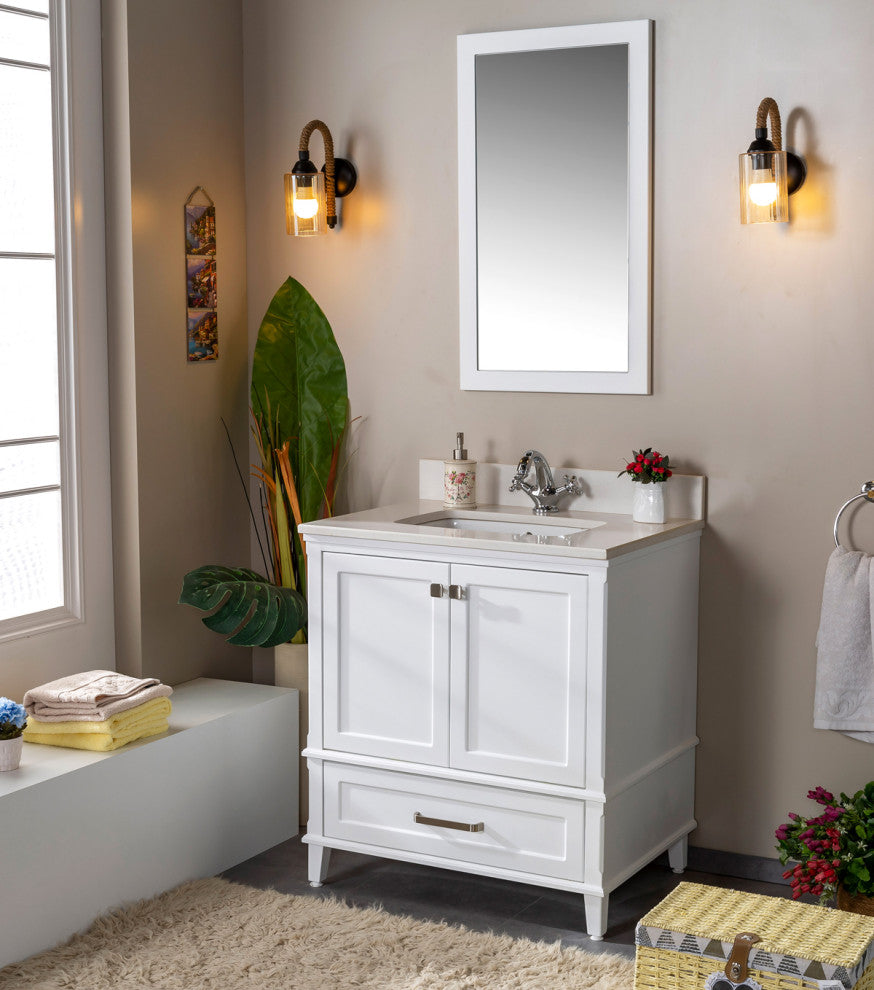 Nera Collection 30" Bath Vanity Quartz Top and Ceramic Sink, White, 30"