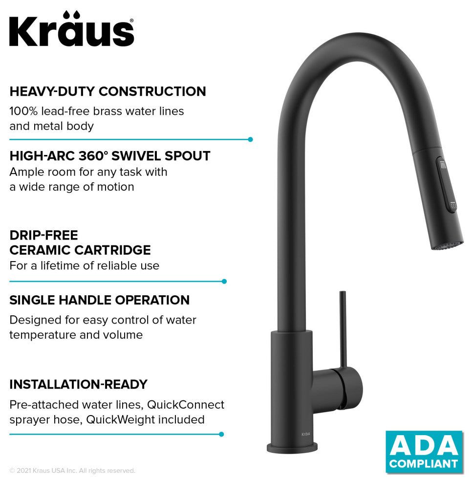 Oletto Pull-Down 1-Hole Kitchen Faucet, Matte Black, Model Kpf-3104mb