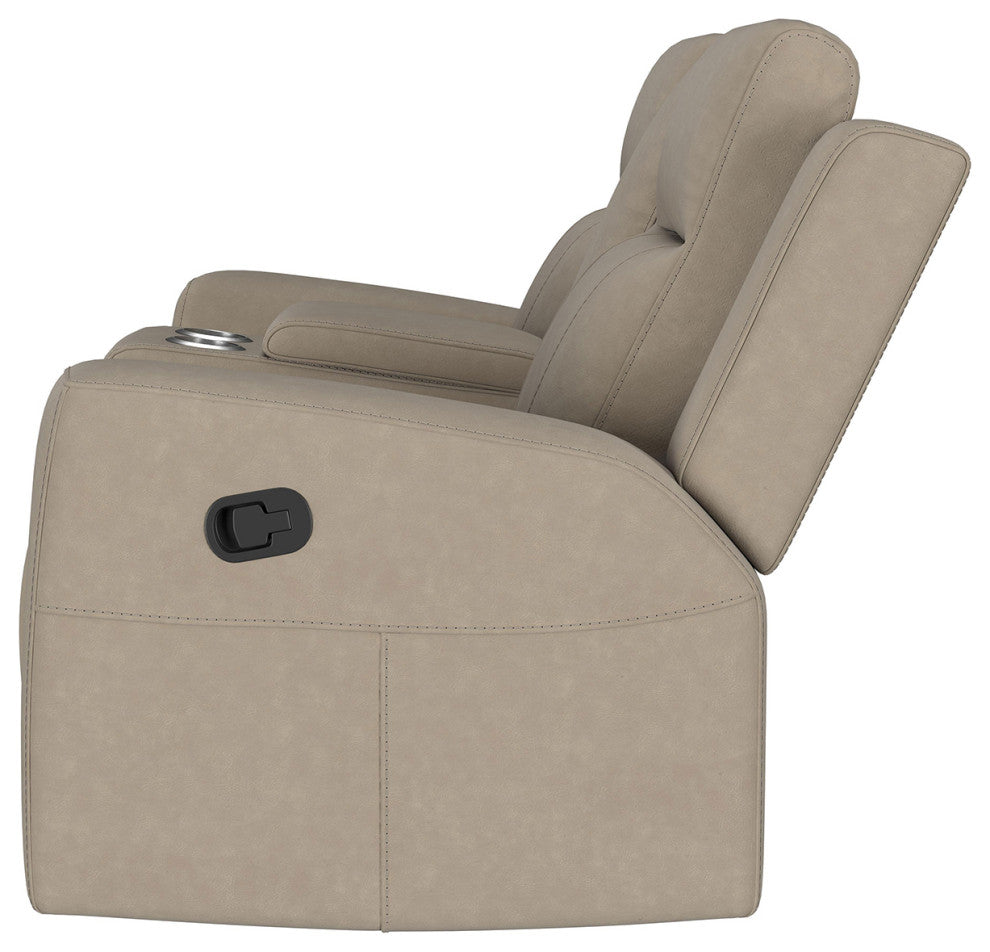 Leatherette Manual Motion Reclining Loveseat With Cup Holders, Taupe