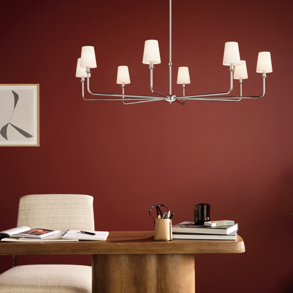 Pallas 52" XL 8-Light Round Chandelier With White Linen Shade, Polished Nickel