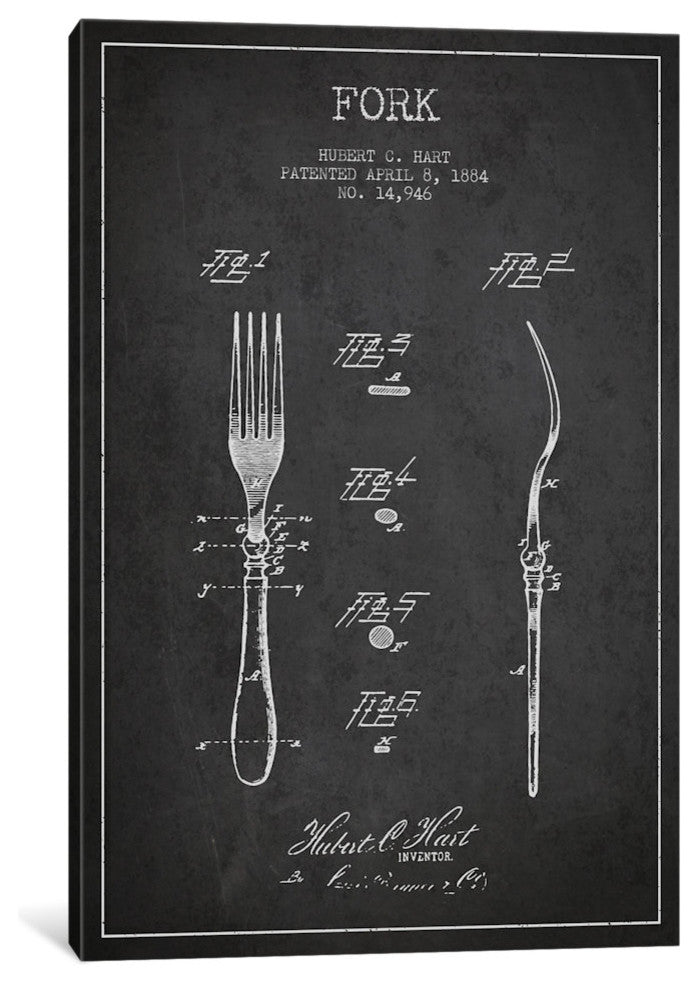 "Fork Charcoal Patent Blueprint" by Aged Pixel, Canvas Print, 40"x26"