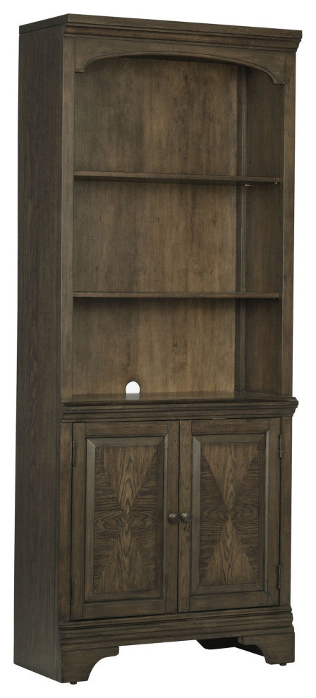 Benzara BM280386 Classic 3 Tier Rubberwood Bookcase, 2 Door Cabinet, Oak Brown